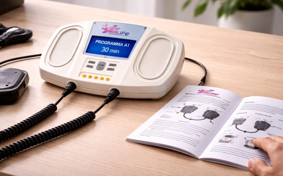 Manuale Biolife con dispositivo acceso e solenoidi collegati per utilizzo corretto della magnetoterapia